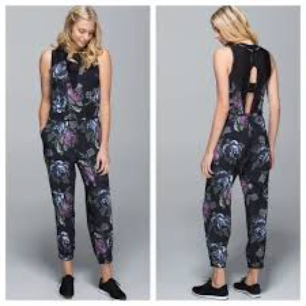 Lululemon Floral Jumpsuit  Black with Floral Print and Mesh panels size 6